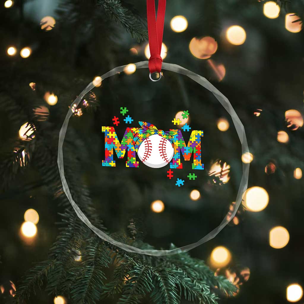 Autism Acceptance Baseball Mom Crystal Glass Ornament Proud Mom Inclusive Support Graphic