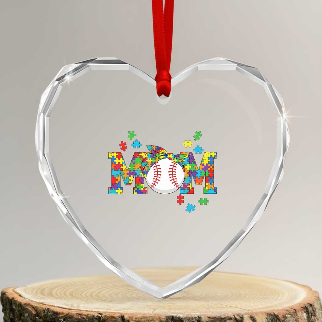 Autism Acceptance Baseball Mom Heart Crystal Glass Ornament Proud Mom Inclusive Support Graphic
