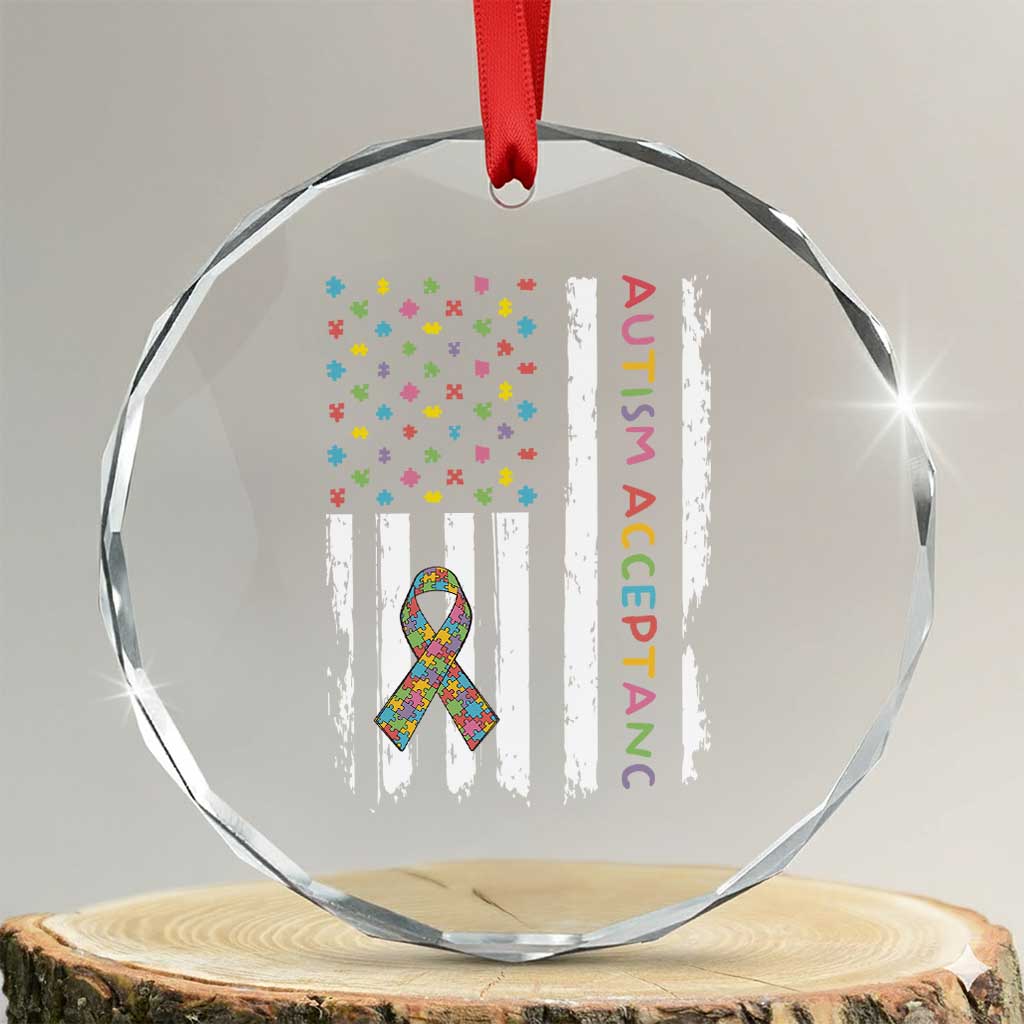 Autism Acceptance Crystal Glass Ornament American Flag Neurodivergent Support Ribbon Puzzle