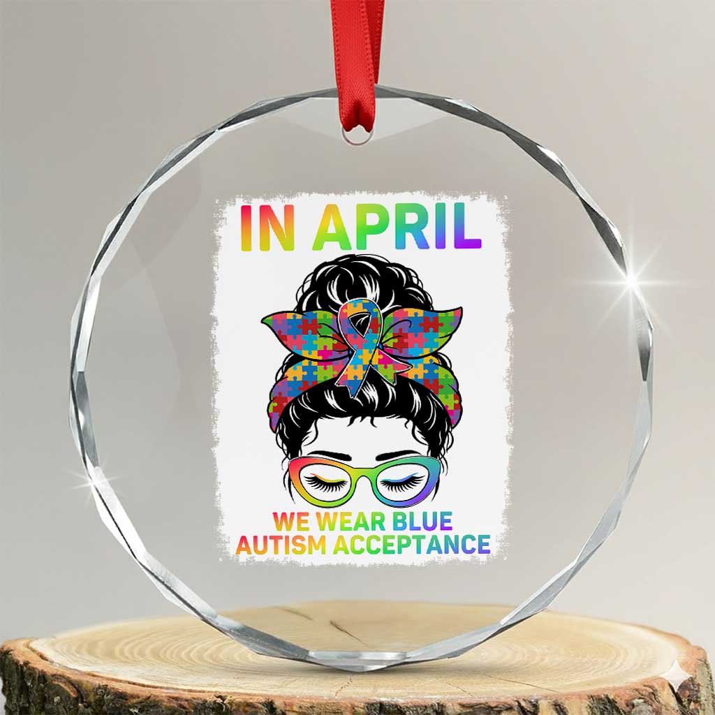 Autism Acceptance Crystal Glass Ornament Neurodivergent Support Messy Bun Ribbon Puzzle