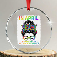 Autism Acceptance Crystal Glass Ornament Neurodivergent Support Messy Bun Ribbon Puzzle