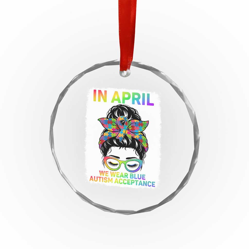 Autism Acceptance Crystal Glass Ornament Neurodivergent Support Messy Bun Ribbon Puzzle