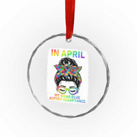 Autism Acceptance Crystal Glass Ornament Neurodivergent Support Messy Bun Ribbon Puzzle