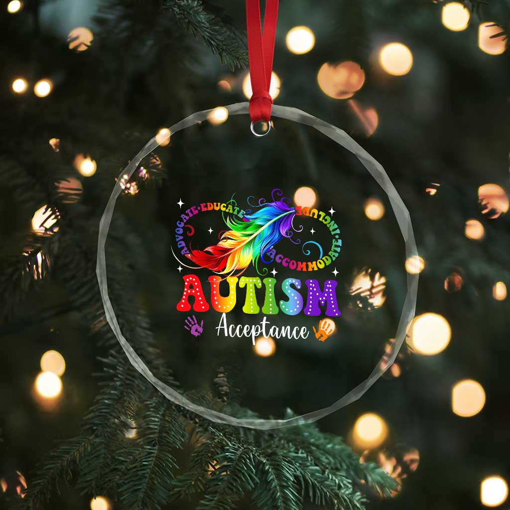Autism Acceptance Crystal Glass Ornament Neurodivergent Support Rainbow Feather Infinity Symbol