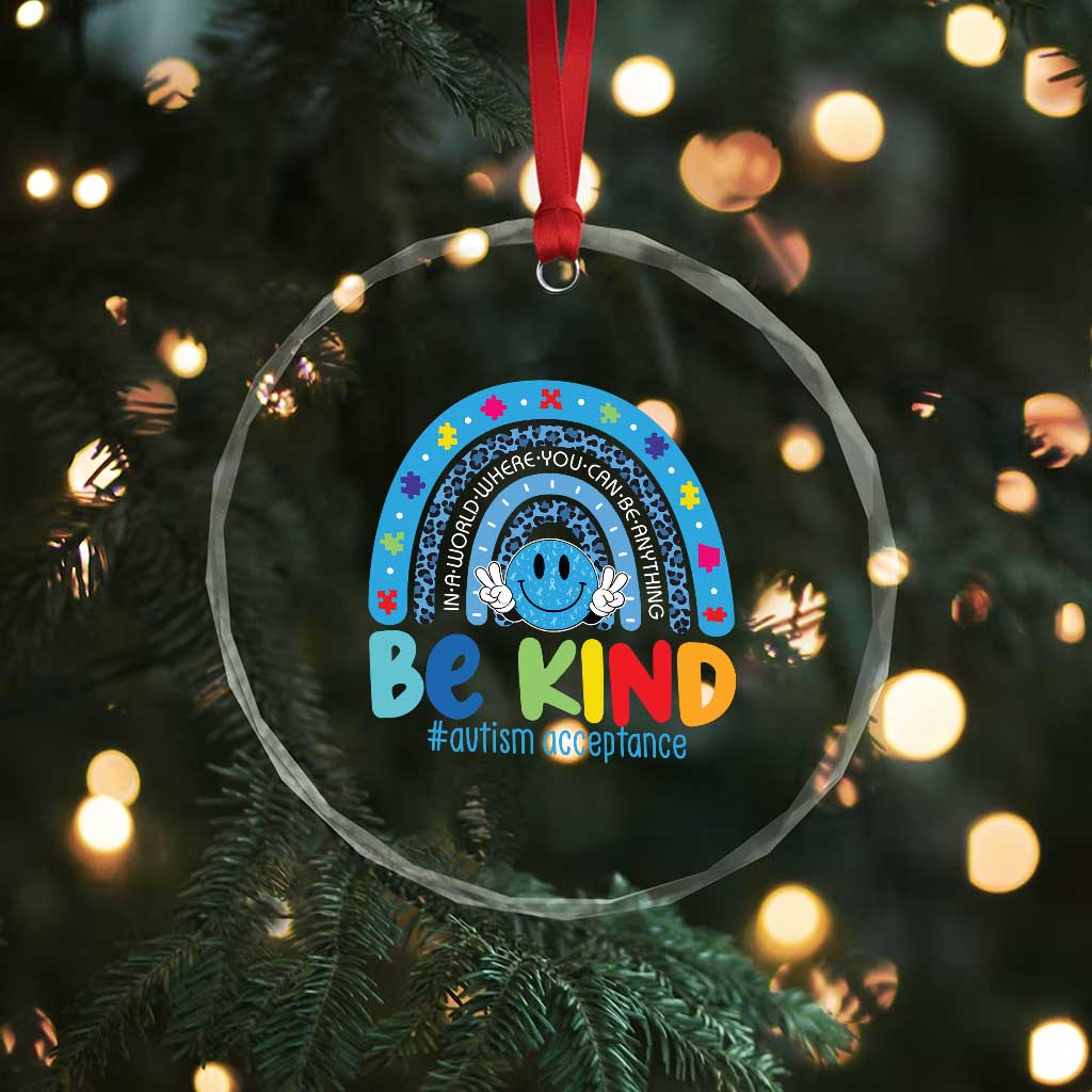 Autism Acceptance Crystal Glass Ornament Rainbow in April We Wear Blue Ribbon Autism