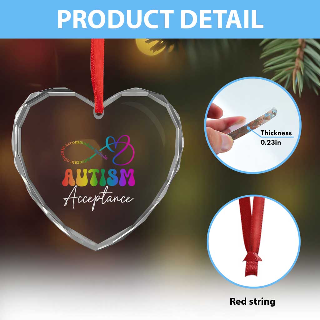 Autism Acceptance Heart Crystal Glass Ornament Advocate Educate Accomodate Include Rainbow Infinity Symbol - Wonder Print Shop