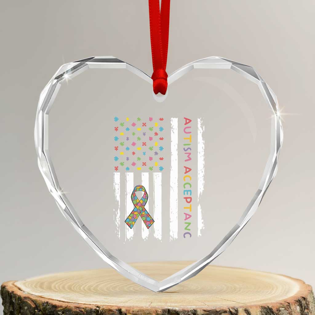 Autism Acceptance Heart Crystal Glass Ornament American Flag Neurodivergent Support Ribbon Puzzle