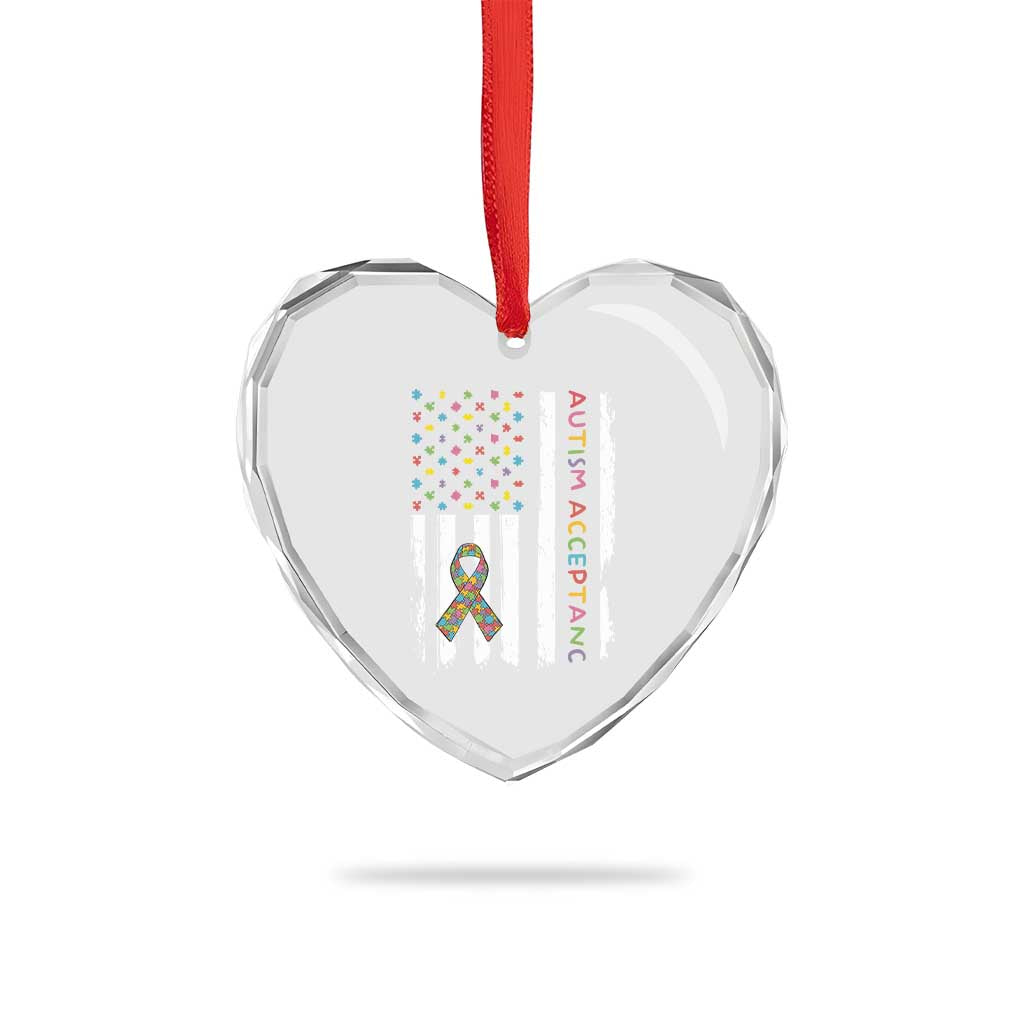 Autism Acceptance Heart Crystal Glass Ornament American Flag Neurodivergent Support Ribbon Puzzle