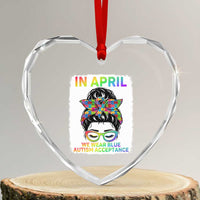 Autism Acceptance Heart Crystal Glass Ornament Neurodivergent Support Messy Bun Ribbon Puzzle