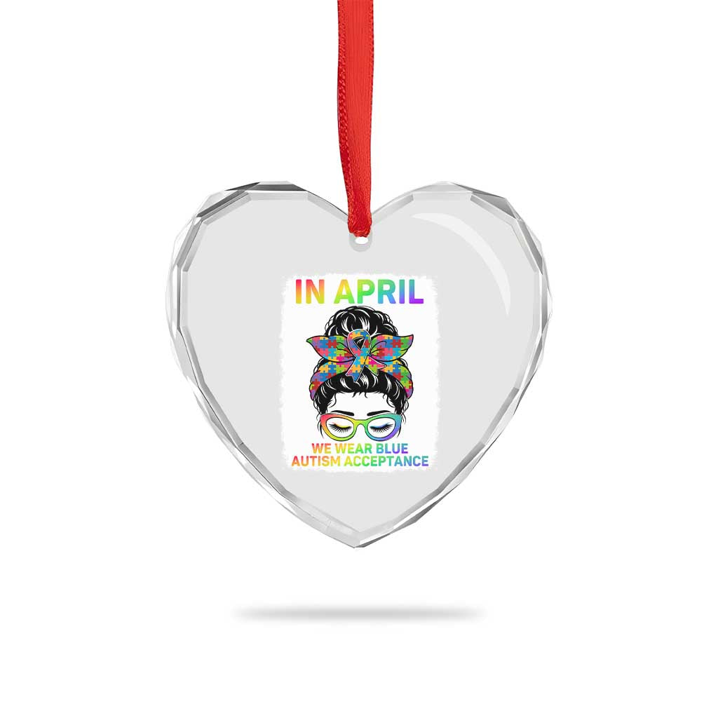 Autism Acceptance Heart Crystal Glass Ornament Neurodivergent Support Messy Bun Ribbon Puzzle