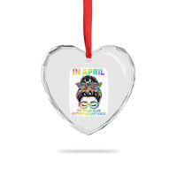 Autism Acceptance Heart Crystal Glass Ornament Neurodivergent Support Messy Bun Ribbon Puzzle
