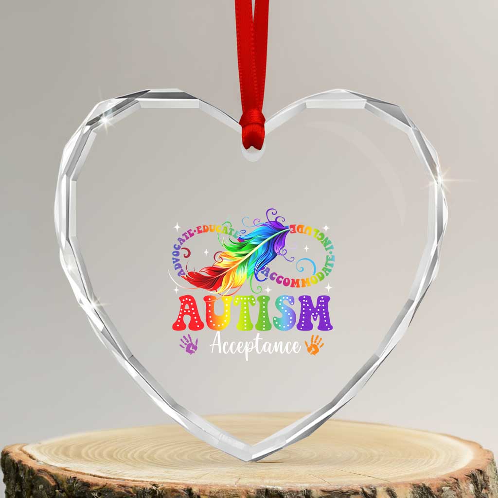 Autism Acceptance Heart Crystal Glass Ornament Neurodivergent Support Rainbow Feather Infinity Symbol