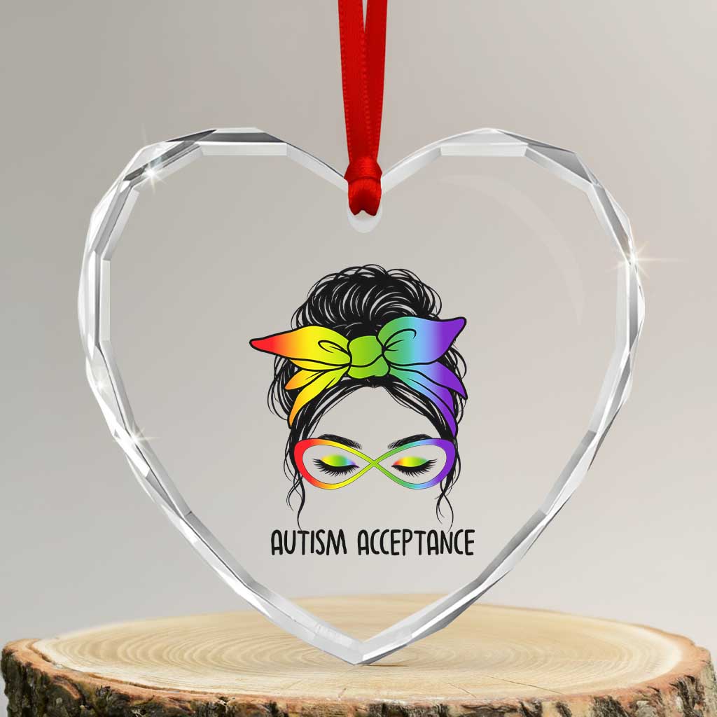 Autism Acceptance Heart Crystal Glass Ornament Neurodiversity Awareness Messy Bun Women