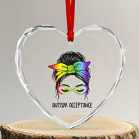 Autism Acceptance Heart Crystal Glass Ornament Neurodiversity Awareness Messy Bun Women