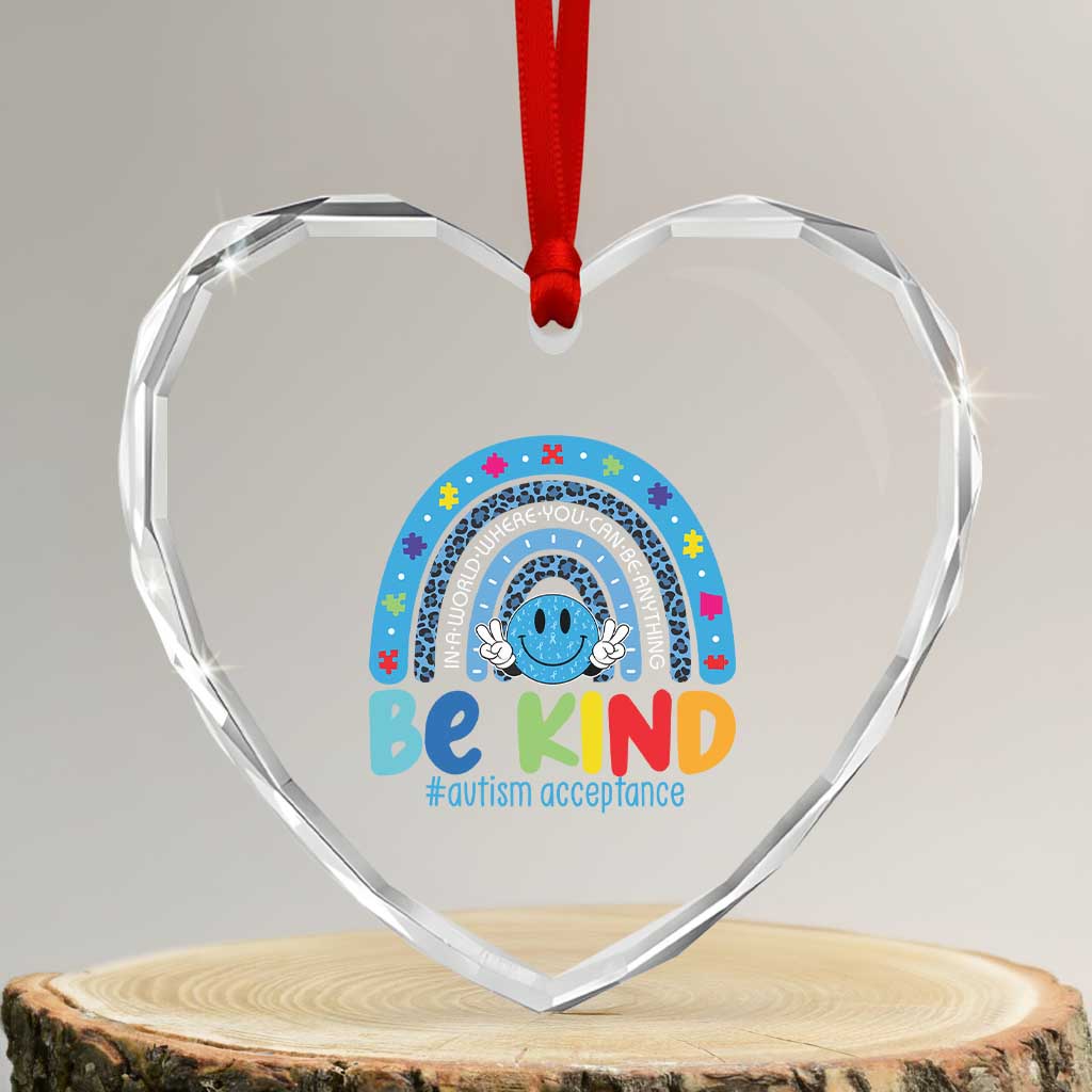 Autism Acceptance Heart Crystal Glass Ornament Rainbow in April We Wear Blue Ribbon Autism