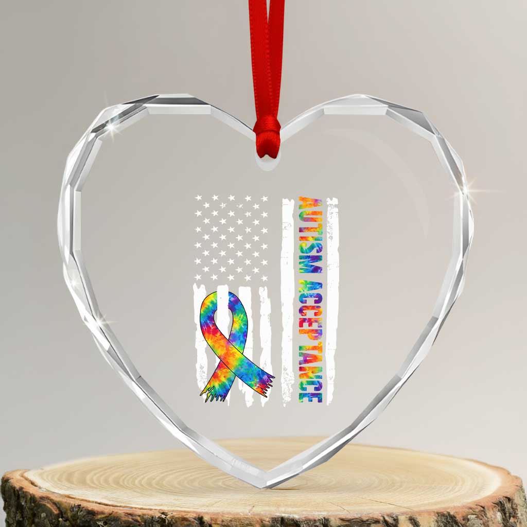 Autism Acceptance Heart Crystal Glass Ornament US Flag Ribbon Support Neurodiversity