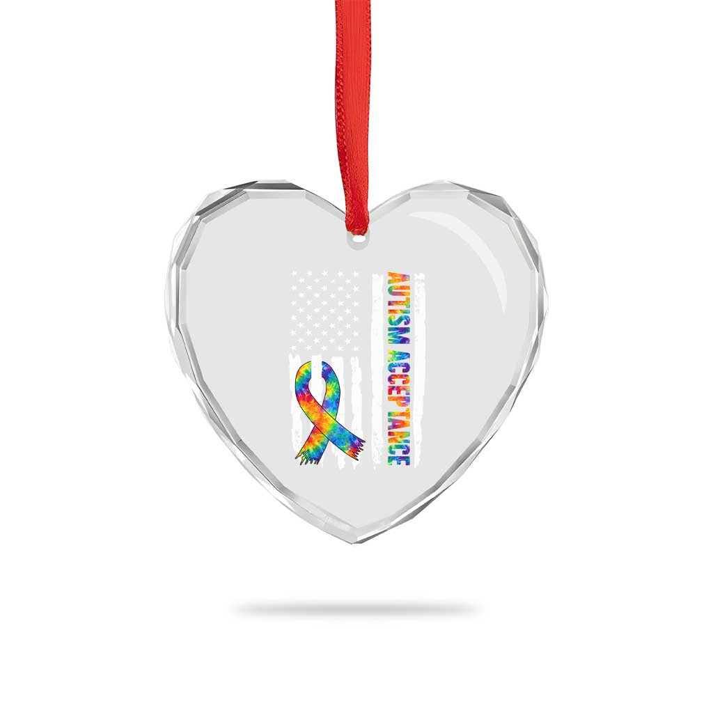 Autism Acceptance Heart Crystal Glass Ornament US Flag Ribbon Support Neurodiversity
