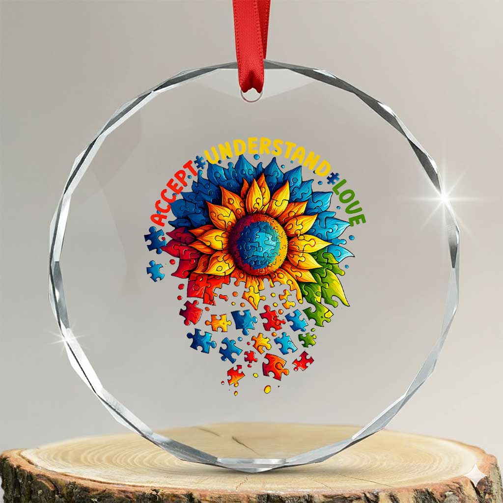 Autism Acceptance Sunflower Puzzle Crystal Glass Ornament Accept Understand Love ASD