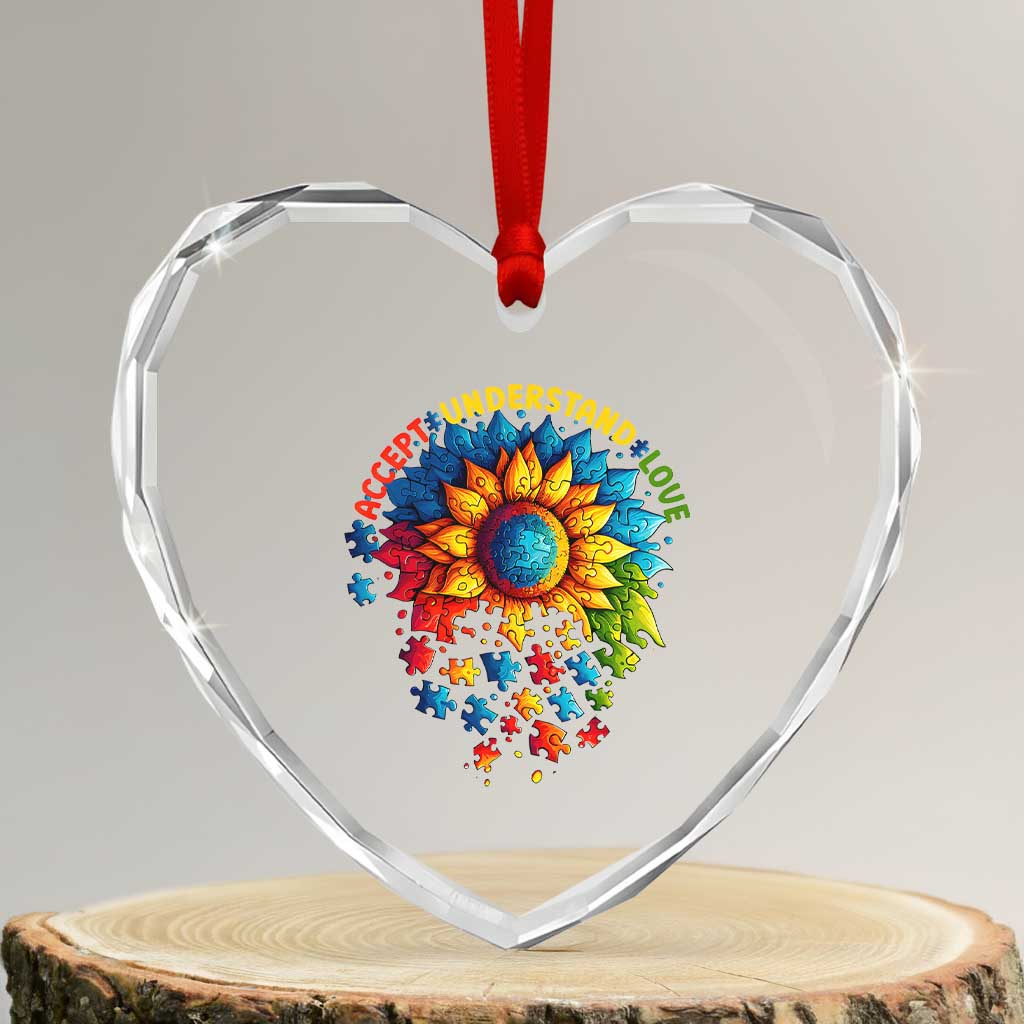 Autism Acceptance Sunflower Puzzle Heart Crystal Glass Ornament Accept Understand Love ASD