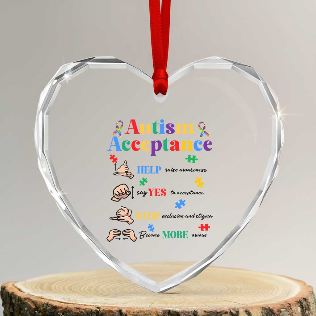 Autism Awareness Acceptance Hand Sign Language SPED Teacher Heart Crystal Glass Ornament