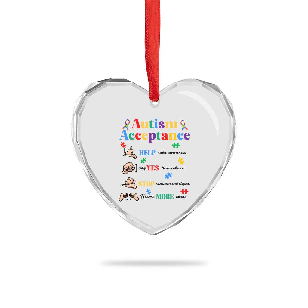Autism Awareness Acceptance Hand Sign Language SPED Teacher Heart Crystal Glass Ornament