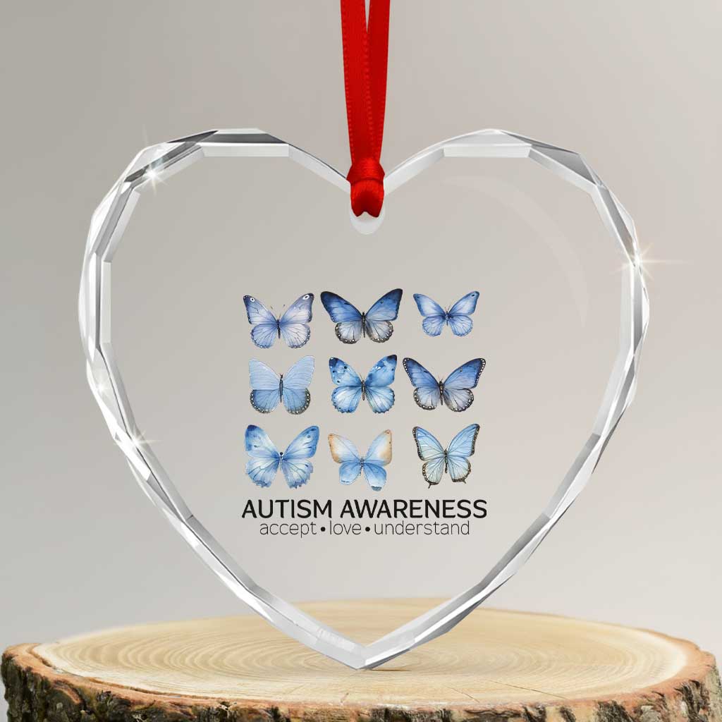 Autism Awareness Blue Butterflies Heart Crystal Glass Ornament Accept Love Understand - Wonder Print Shop
