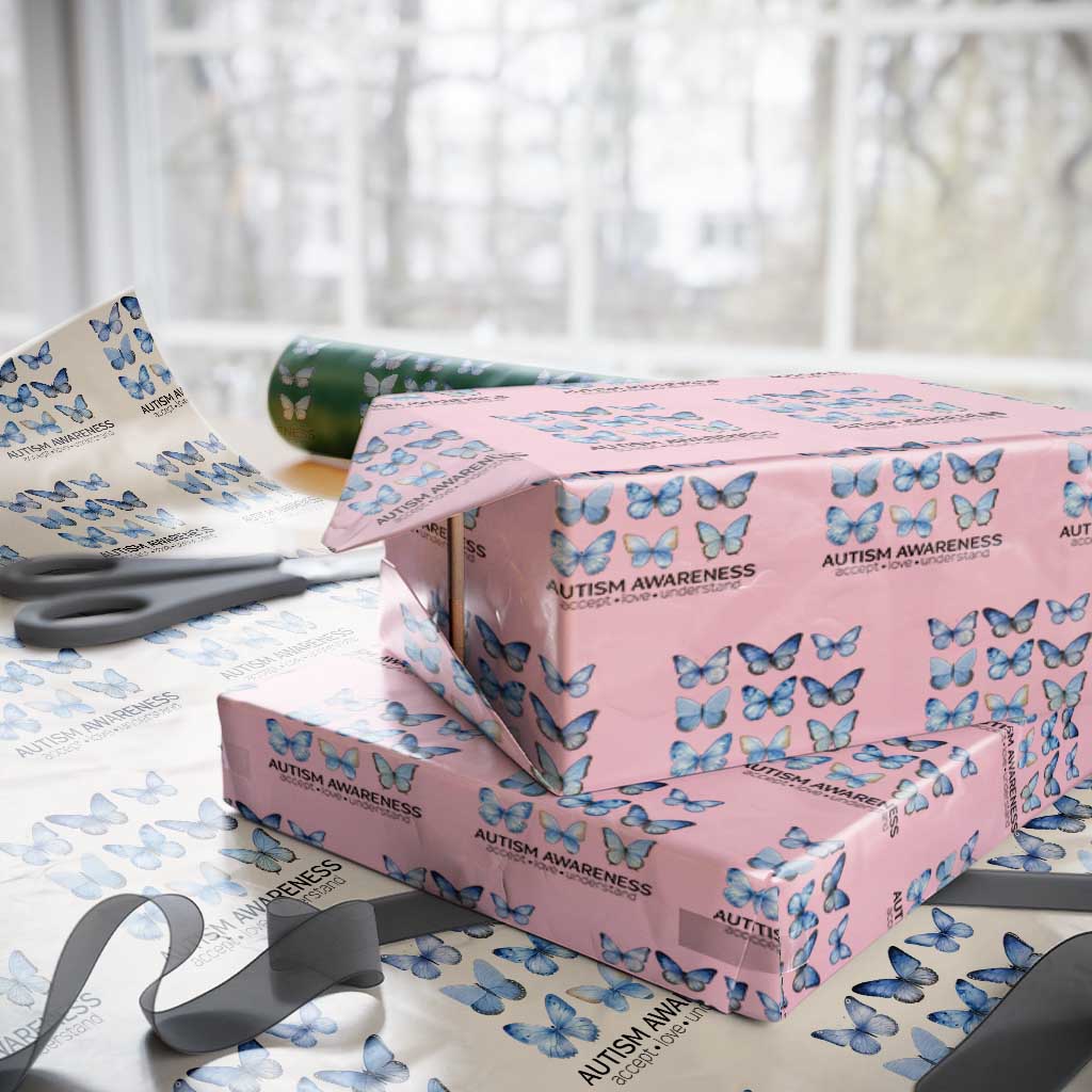 Autism Awareness Blue Butterflies Wrapping Paper Roll Accept Love Understand - Wonder Print Shop