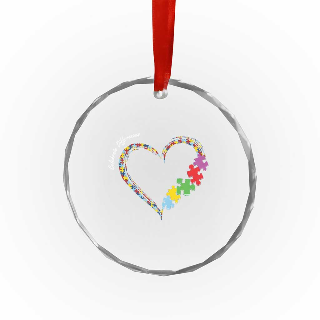 Autism Awareness Celebrate Differences Crystal Glass Ornament Love Heart Puzzle Pieces