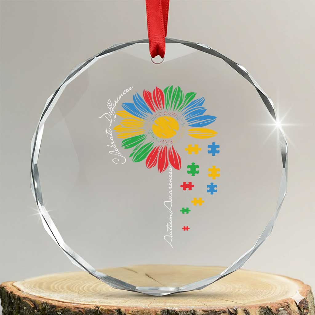Autism Awareness Celebrate Differences Crystal Glass Ornament Sunflower Puzzle Pieces
