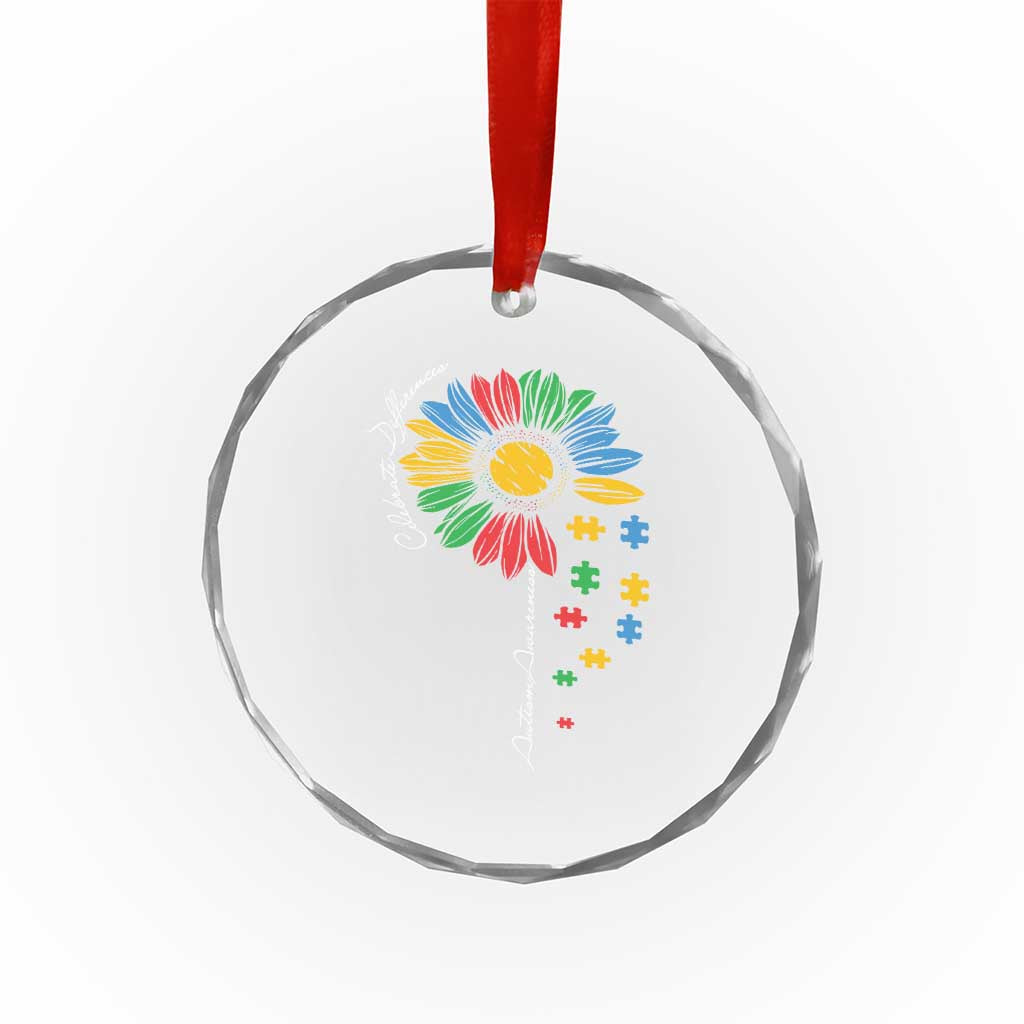 Autism Awareness Celebrate Differences Crystal Glass Ornament Sunflower Puzzle Pieces