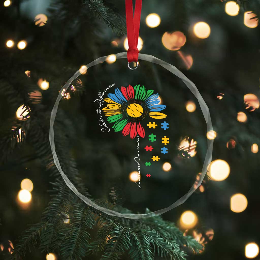 Autism Awareness Celebrate Differences Crystal Glass Ornament Sunflower Puzzle Pieces
