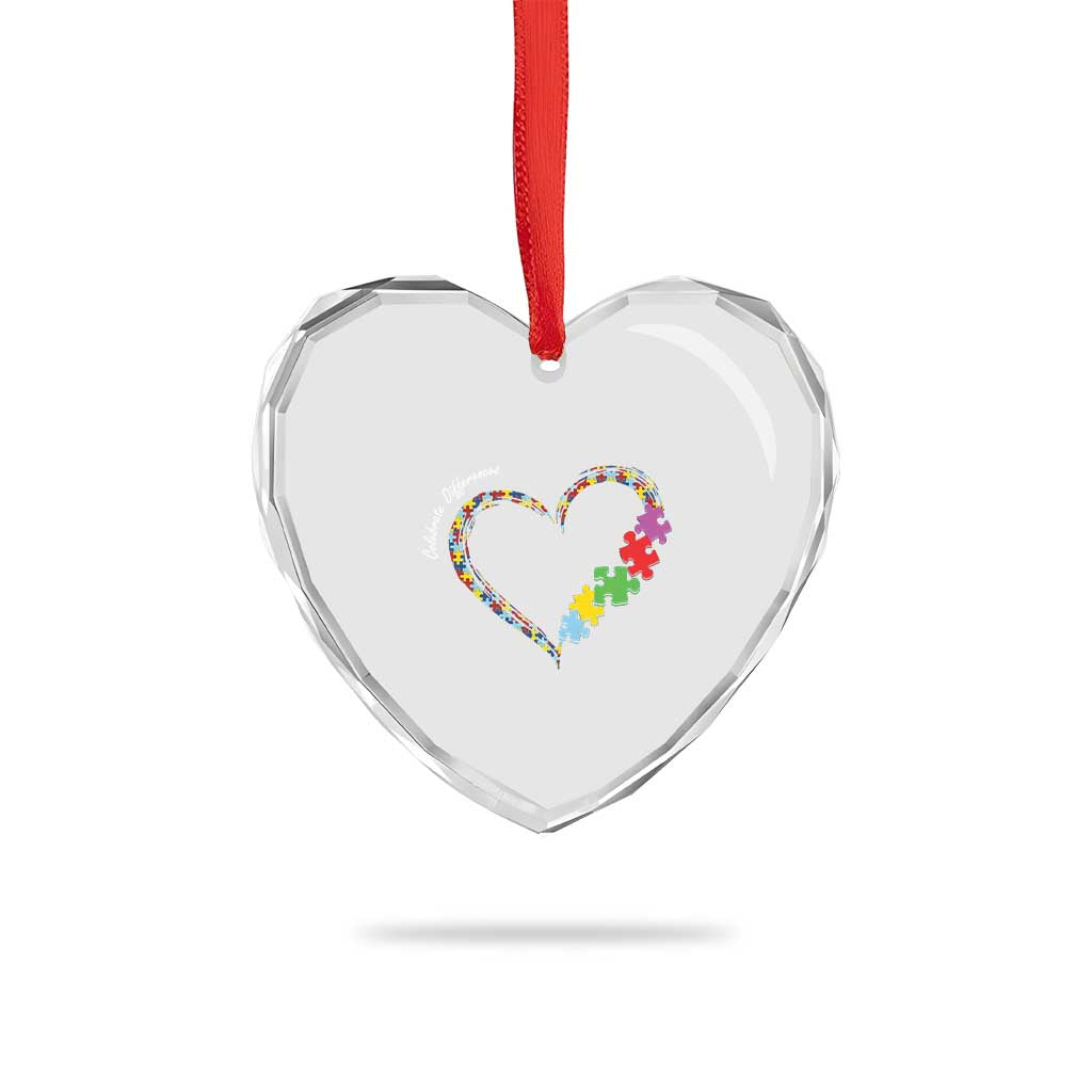Autism Awareness Celebrate Differences Heart Crystal Glass Ornament Love Heart Puzzle Pieces