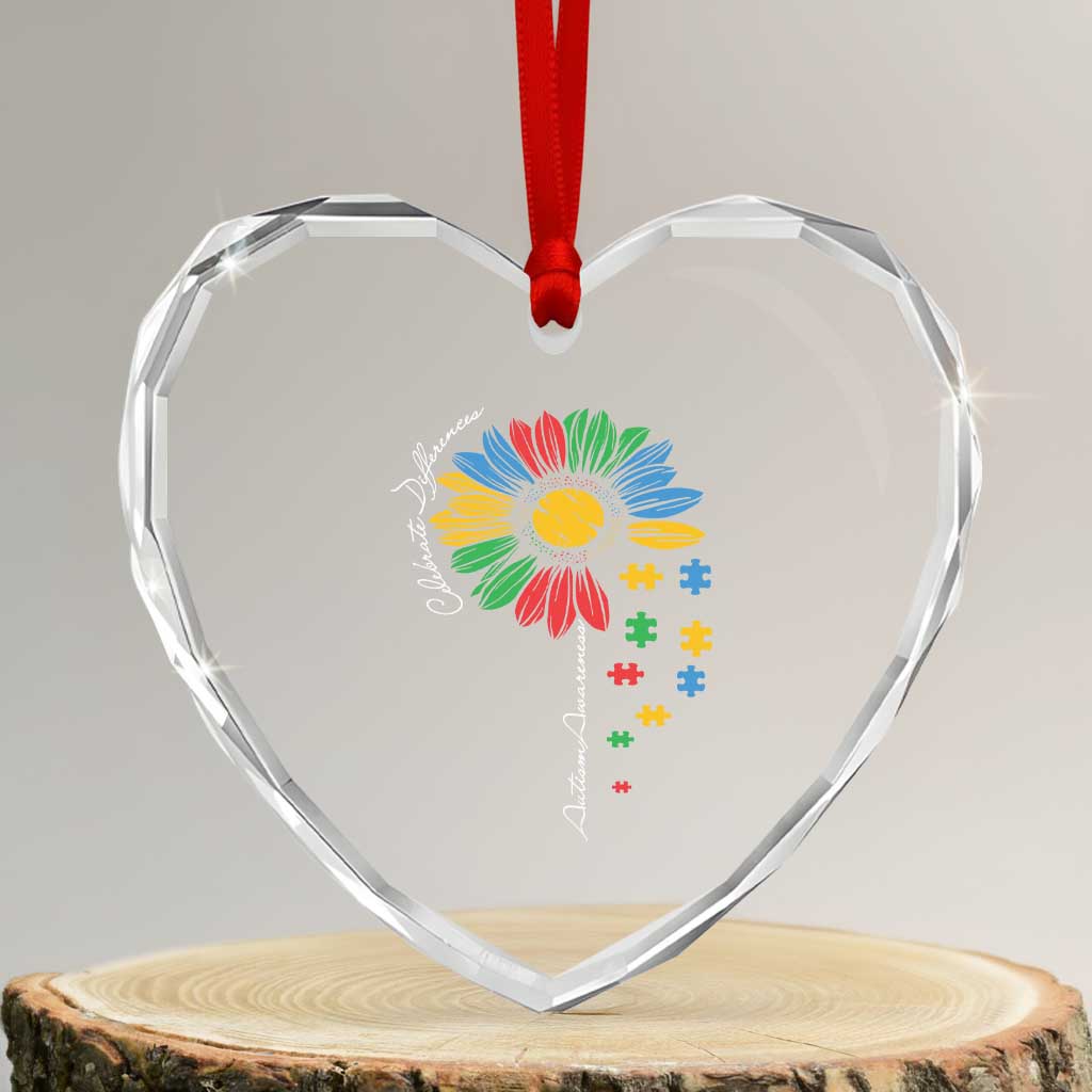 Autism Awareness Celebrate Differences Heart Crystal Glass Ornament Sunflower Puzzle Pieces