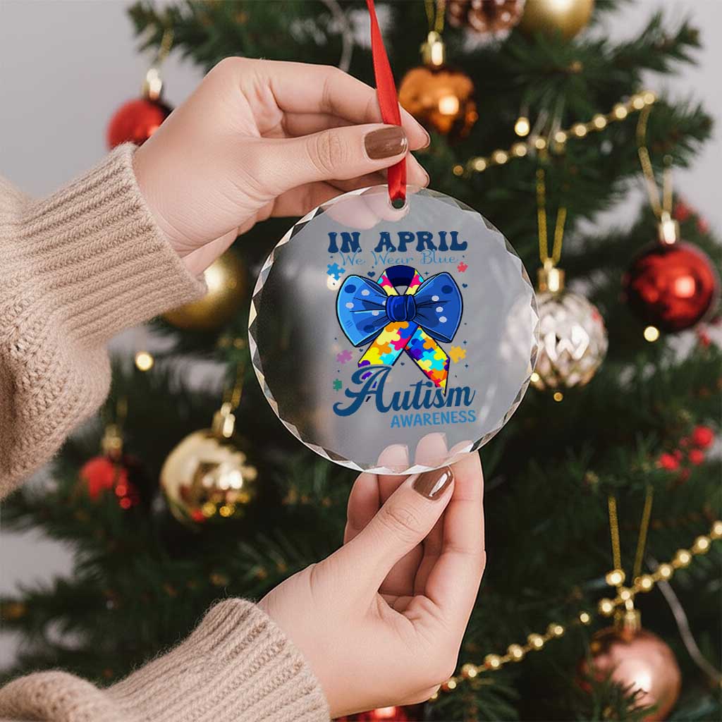 Autism Awareness Crystal Glass Ornament In April We Wear Blue Puzzle Ribbon Coquette Bow - Wonder Print Shop