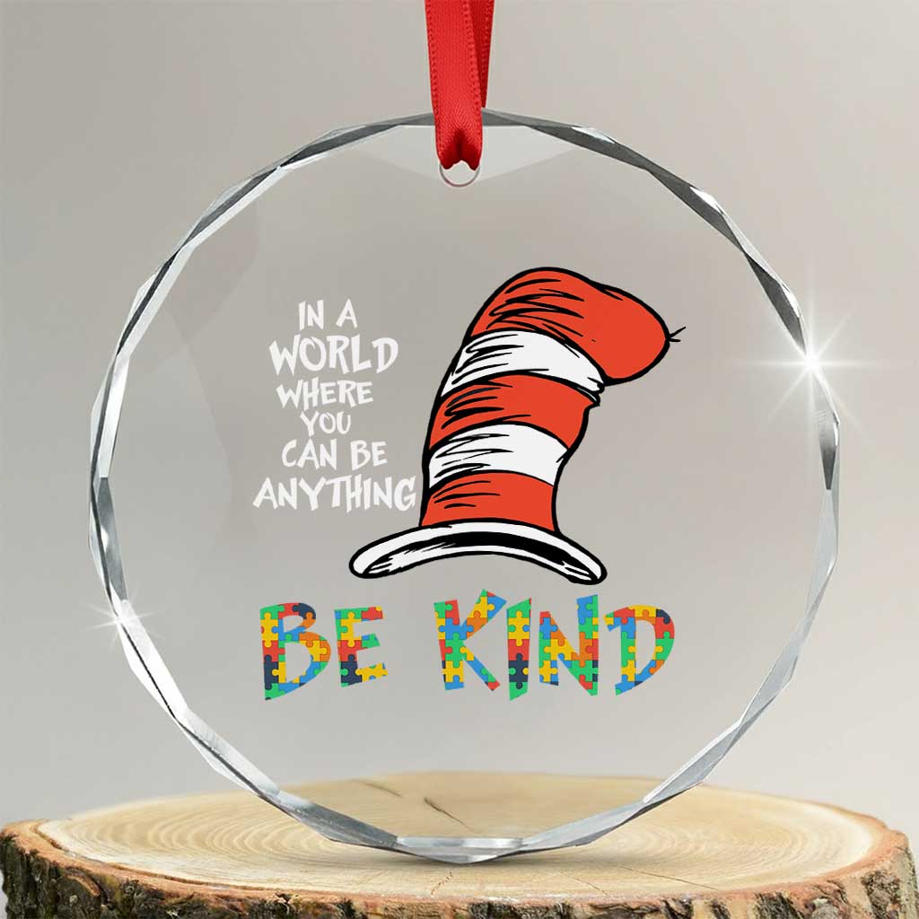 Autism Awareness Crystal Glass Ornament Why Fit In When You Were Born To Stand Out Cat In Hat - Wonder Print Shop