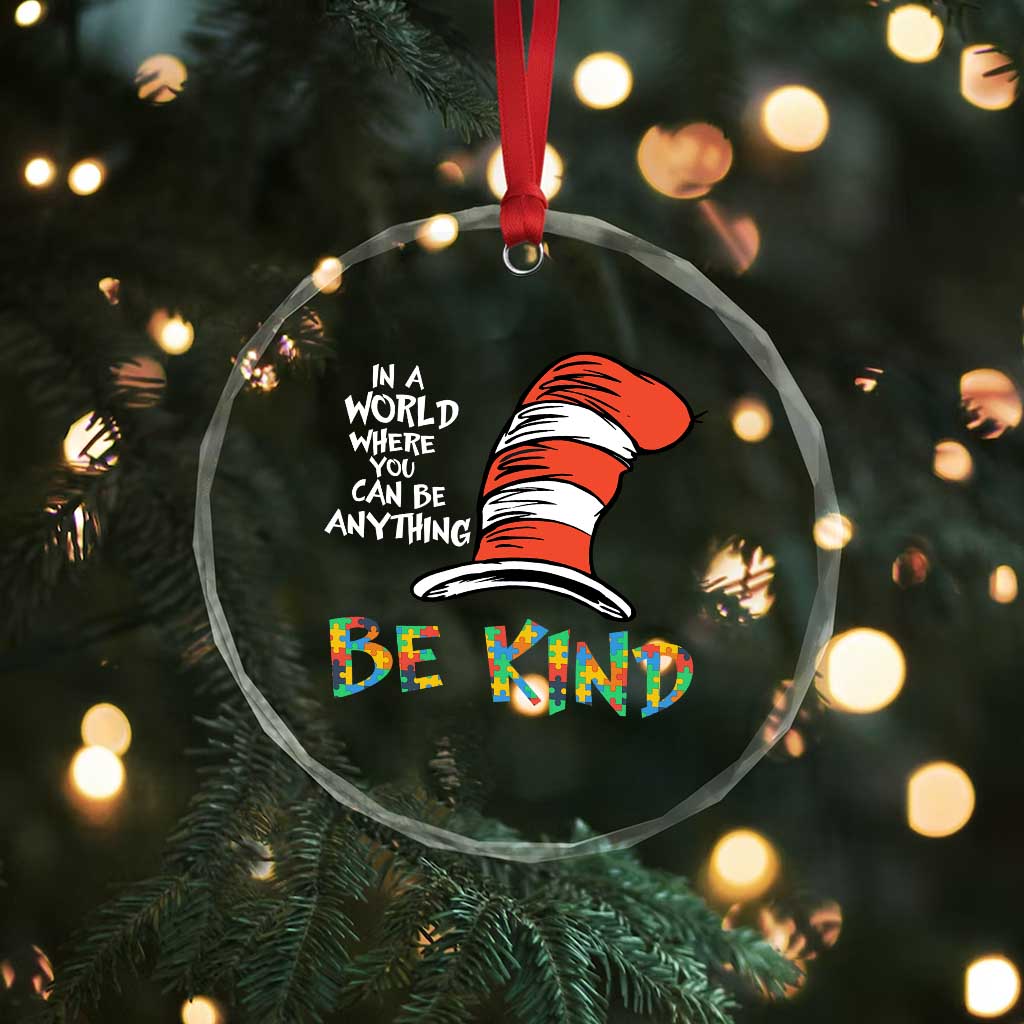 Autism Awareness Crystal Glass Ornament Why Fit In When You Were Born To Stand Out Cat In Hat - Wonder Print Shop