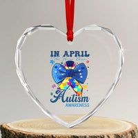 Autism Awareness Heart Crystal Glass Ornament In April We Wear Blue Puzzle Ribbon Coquette Bow - Wonder Print Shop