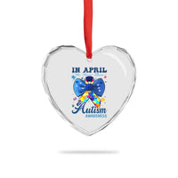 Autism Awareness Heart Crystal Glass Ornament In April We Wear Blue Puzzle Ribbon Coquette Bow - Wonder Print Shop