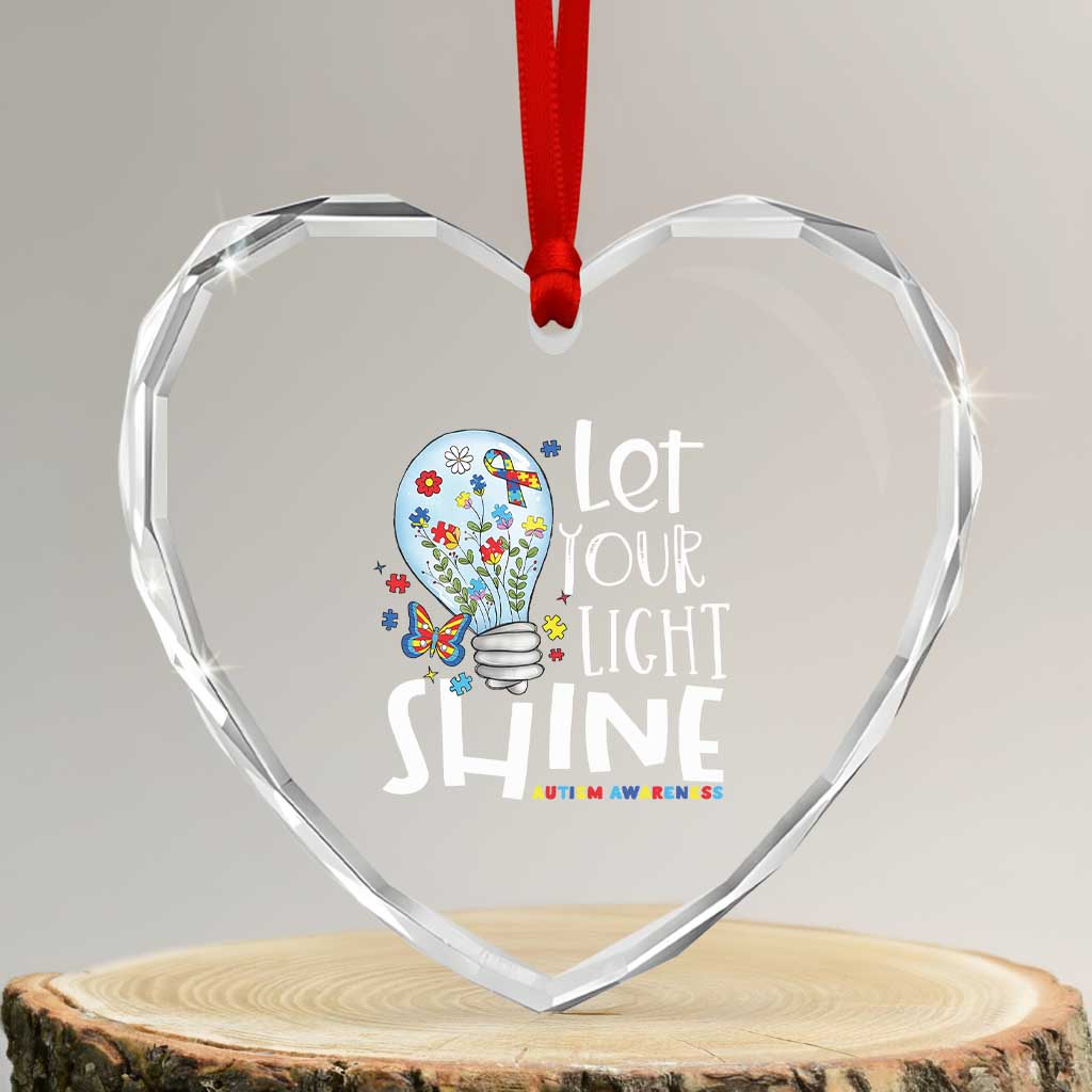Autism Awareness Heart Crystal Glass Ornament Let Your Light Shine Puzzle Ribbon Inspirational Quote