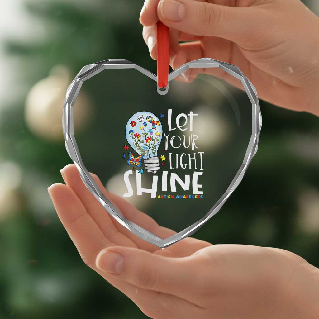 Autism Awareness Heart Crystal Glass Ornament Let Your Light Shine Puzzle Ribbon Inspirational Quote