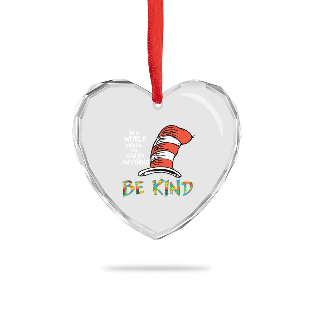 Autism Awareness Heart Crystal Glass Ornament Why Fit In When You Were Born To Stand Out Cat In Hat - Wonder Print Shop