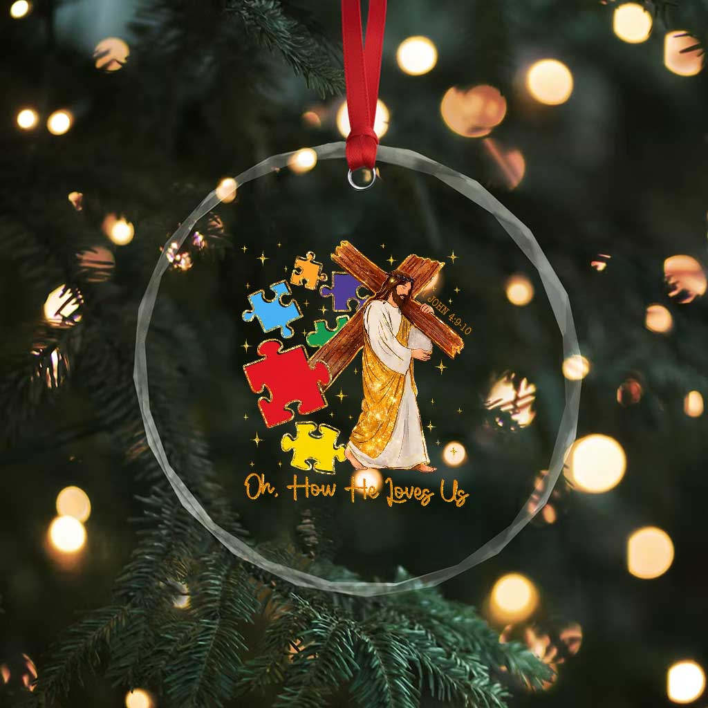 Autism Awareness Jesus Crystal Glass Ornament Oh How He Loves Us Christian Bible Verse