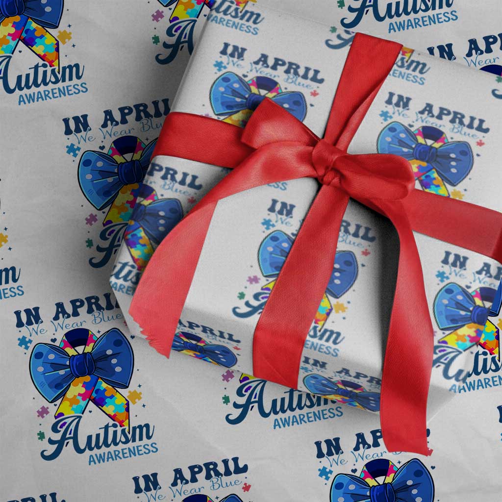 Autism Awareness Wrapping Paper Roll In April We Wear Blue Puzzle Ribbon Coquette Bow - Wonder Print Shop