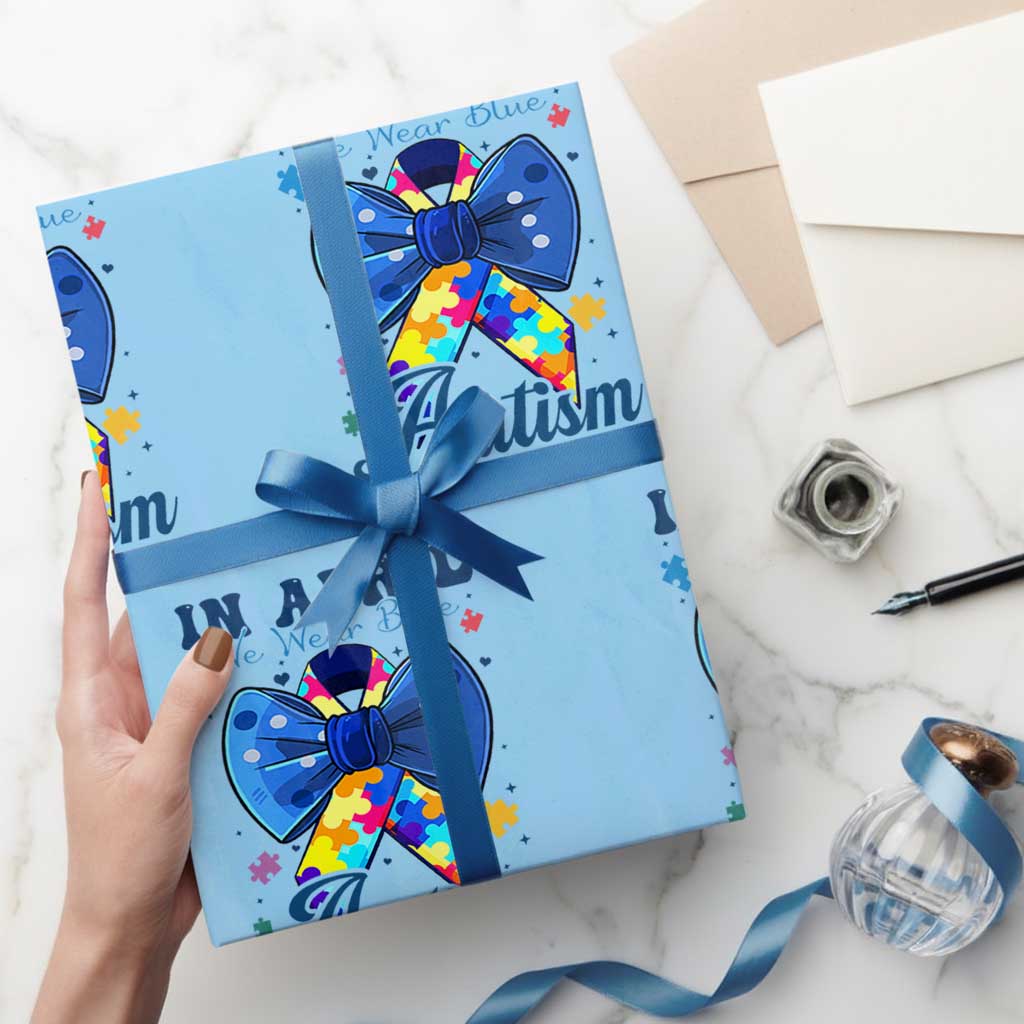 Autism Awareness Wrapping Paper Roll In April We Wear Blue Puzzle Ribbon Coquette Bow - Wonder Print Shop