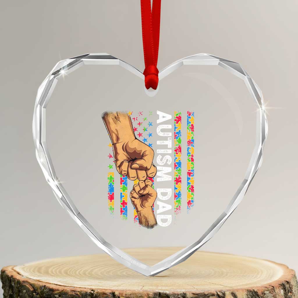 Autism Dad Awareness American Flag Fist Bump Heart Crystal Glass Ornament