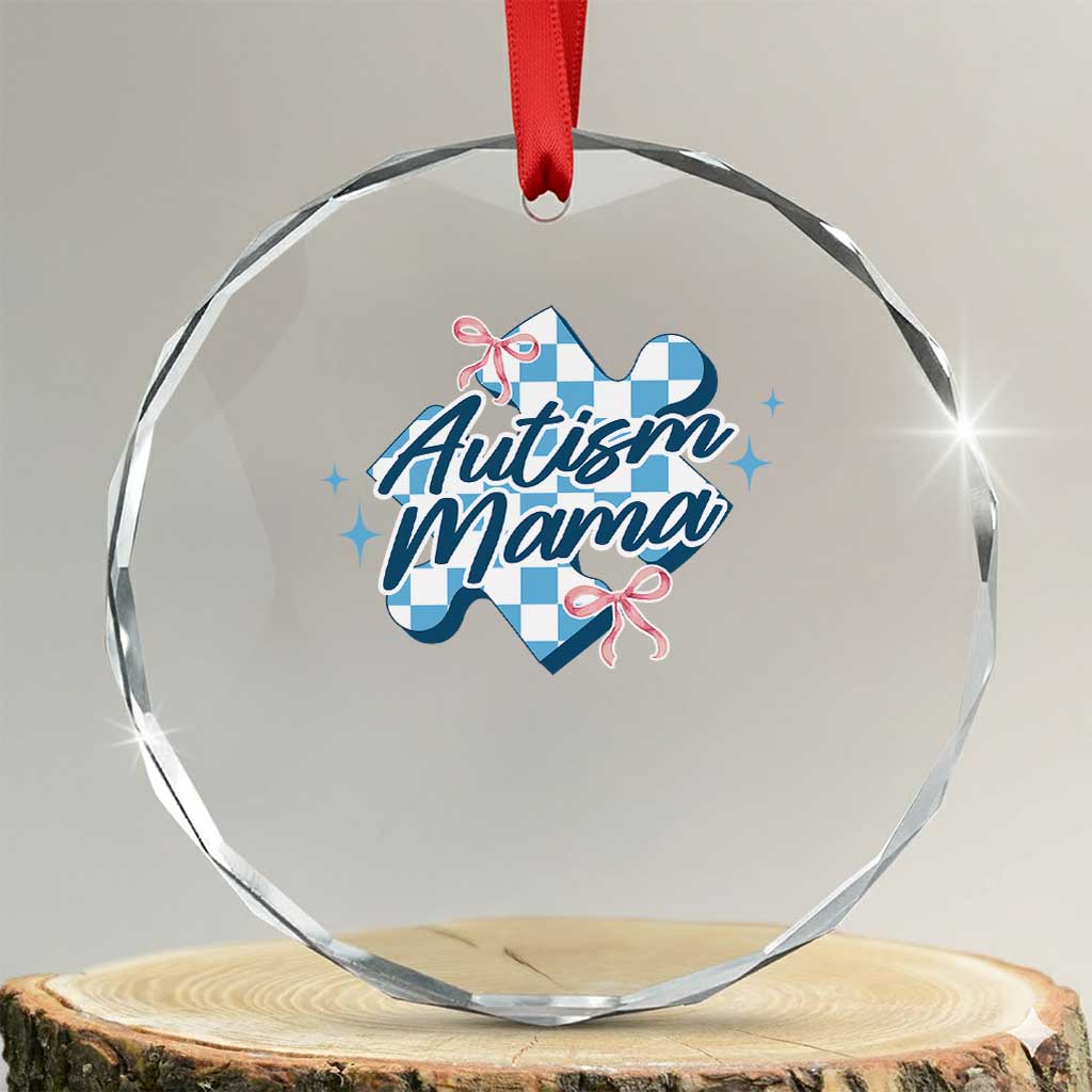Autism Mama Coquette Puzzle Piece Pink Bow Crystal Glass Ornament
