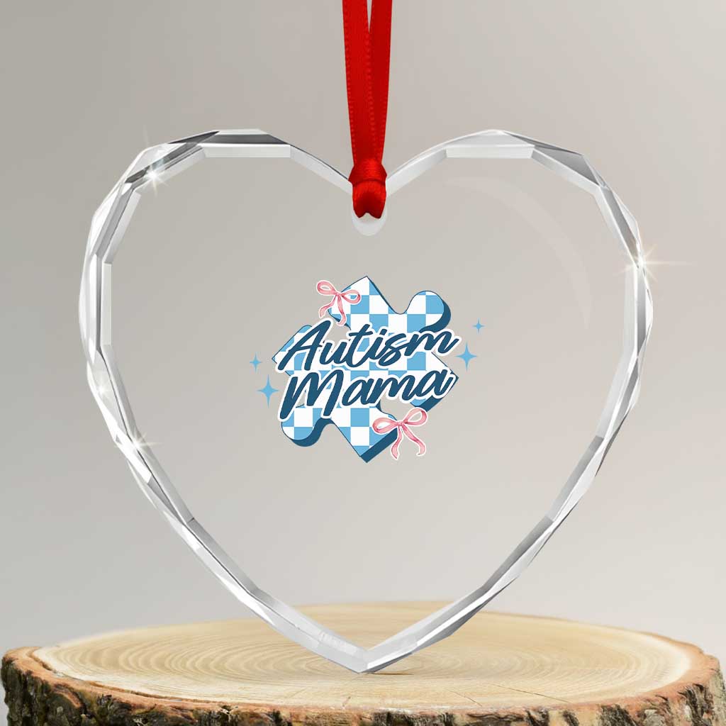 Autism Mama Coquette Puzzle Piece Pink Bow Heart Crystal Glass Ornament