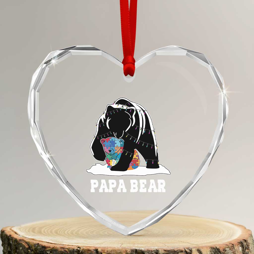 Autism Papa Bear Heart Crystal Glass Ornament Support Autistic Matching Family Dad - Wonder Print Shop