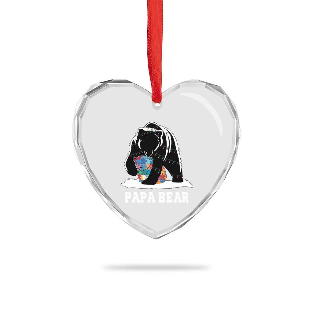 Autism Papa Bear Heart Crystal Glass Ornament Support Autistic Matching Family Dad - Wonder Print Shop
