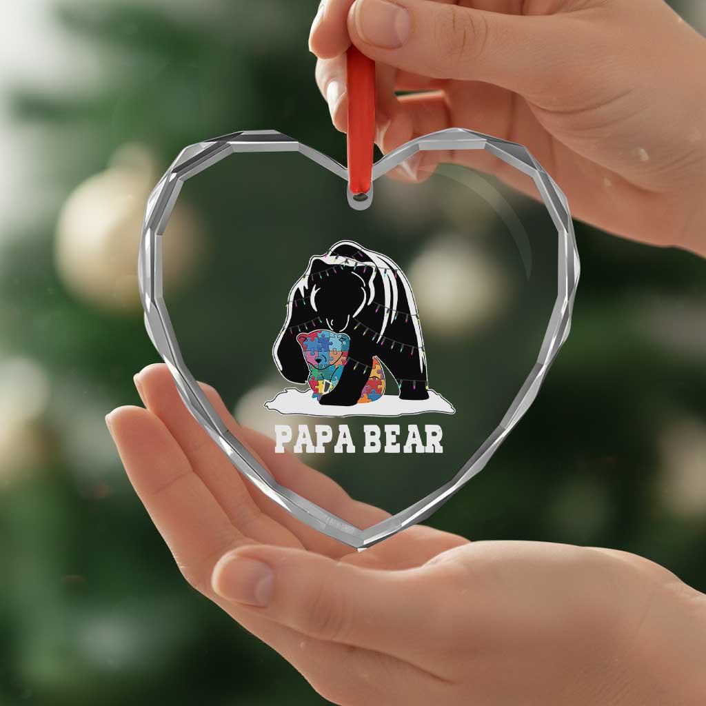 Autism Papa Bear Heart Crystal Glass Ornament Support Autistic Matching Family Dad - Wonder Print Shop